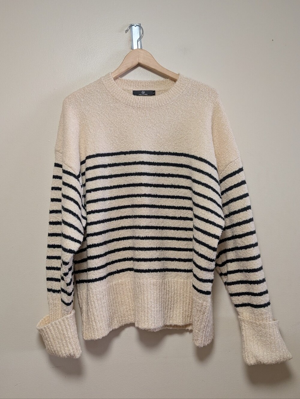 Lillusory Cream Black Striped Bouclé Sweater Large Coastal Oversized